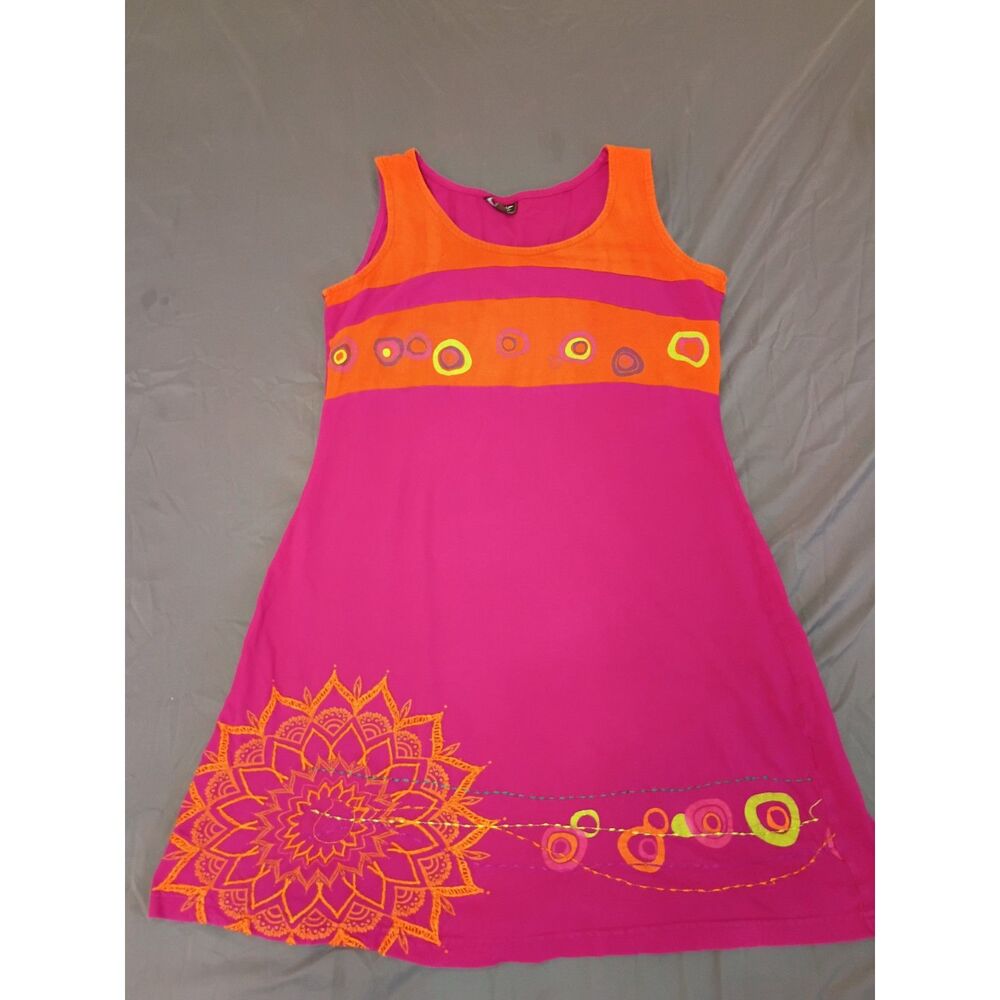 Coline Fuchsia Pink Mandala Embroidered Tank Dress M Boho Psychedelic Indie Y2K